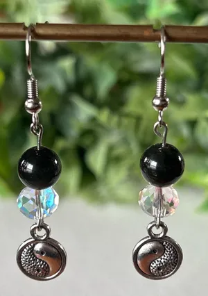 Handmade black obsidian and silver Yin Yang Dangle Earrings thumbnail 1