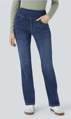 Halara Flex High Waisted Pockets Washed Casual Bootcut Jeans Size L Petite thumbnail 1