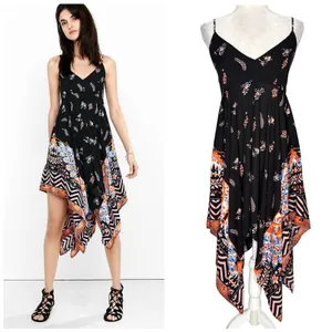 Express Small Black Asymmetrical Spaghetti-Strap Dress Floral Smocked Swing thumbnail 2