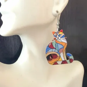 Colorful Stained Glass Style Cat Dangle Earrings thumbnail 3