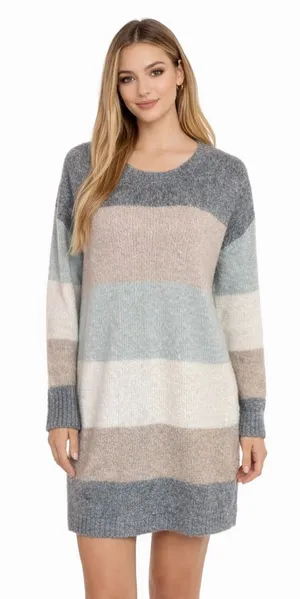 Entro Colorblock Sweater Dress Medium Soft Knit Cozy Neutral Striped Long Sleeve thumbnail 1
