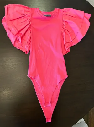 ZARA Hot Pink Ruffle Sleeve Bodysuit thumbnail 1