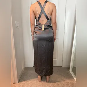Michelle Mason Cross Back Slit Maxi Dress - Womens Size 2 Gunmetal NWT thumbnail 6