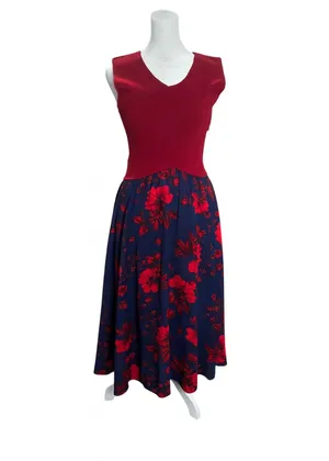 Sachin & Babi Crossover Red Knit Navy Floral Fit Flare Midi Dress Size 2 thumbnail 2