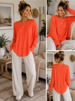 Free People We The Free Bright Orange Waffle Knit Thermal Pullover Top Sz Small thumbnail 2