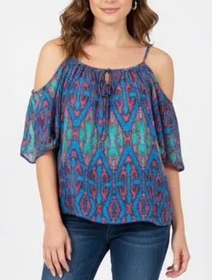 Nicole Miller M Cold Shoulder Tie Neck Blouse Top Geometric Print Blue Pink M thumbnail 1