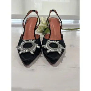 Black Satin Slingback Heels Crystal‎ Embellished Pumps Party Evening Occasion thumbnail 2