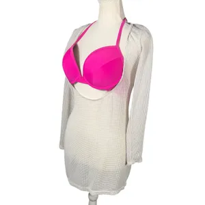 Mesh Swim Cover Up Womens Large Cream Deep Scoop Open Back Beach Dress thumbnail 3