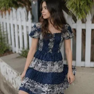 Navy Paisley Tiered Milkmaid Mini Dress Puff Sleeve Square Neck Smocked XS thumbnail 3