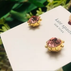 Kate Spade New York Rose Pink Crystal Stud Earrings Gold Tone Prong Set NWT thumbnail 3