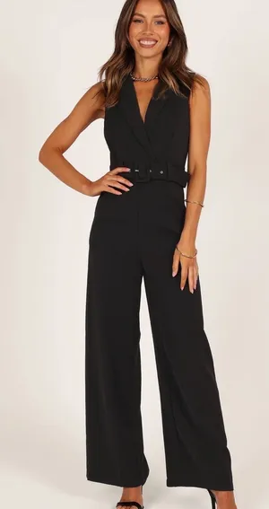 Petal & Pup Sienna Sleeveless Belted Wide Leg Jumpsuit Minimalist Black Medium thumbnail 1