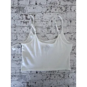 Hollister White Ribbed Baby Cami Blue‎ Floral Embroidery Adjustable Straps Large thumbnail 2