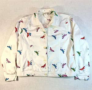 Coldwater Creek White Cotton Trucker Jacket Embroidered Dragonflies Size L thumbnail 1