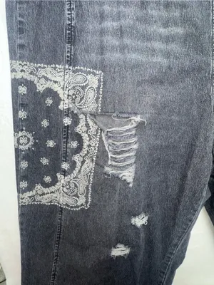 EASEL Lg Washed Black Denim Overalls Paisley Bandana Distressed Wide Leg thumbnail 3
