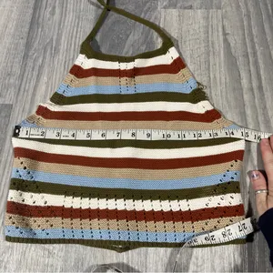 Garage Green, White, Orange, Baby Blue Striped Halter Knit Top; Medium Women's thumbnail 3