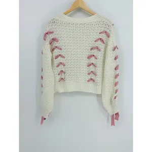 Ribbon Lace Up‎ Cardigan Womens Large Cream Pink Coquette Pointelle Knit Chunky thumbnail 6