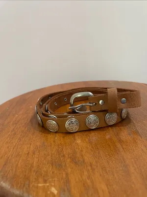 Brown Leather Silver Concho Coin Skinny Belt Women’s Size S/M thumbnail 2