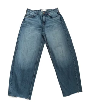 Zara Z1975 Low Rise Balloon Fit Jeans Faded Blue Raw Hem 100% Cotton Size 6 thumbnail 1