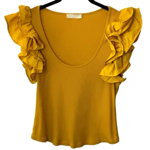 Ulla Johnson‎ Koa Ribbed Knit Top Golden Yellow Ruffle Sleeve Feminine Dainty L thumbnail 2