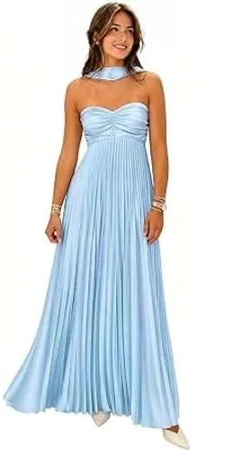 Women's Size Medium Strapless Maxi Dress Plisse Pleated Light Blue Corset Back thumbnail 1