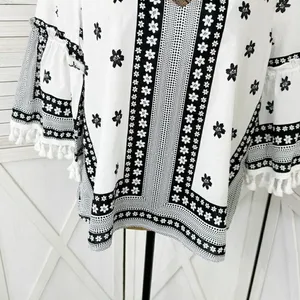 Soho New York & Comp Boho Fringe‎ Hem Floral Popover Shirt White Black Large thumbnail 7