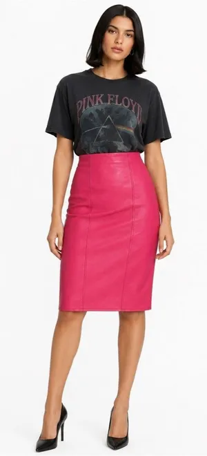 Vakko Vintage Hot Pink Red Leather Pencil Skirt Size 8 High Waist Midi Minimal thumbnail 1