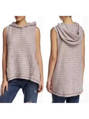 Free People Striped Sleevless Terry Cloth Hooded Plum/Mauve Sweater vest/top XS thumbnail 2
