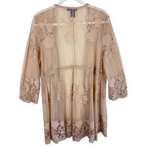 Miss Chievous Womens Nude Tan Floral Lace Open Front Cardigan Kimono L thumbnail 2