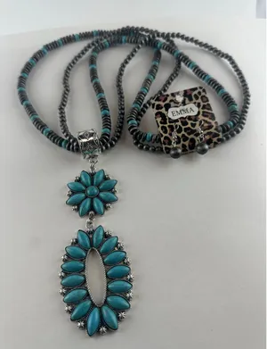 EMMA Southwestern Style Two-Tier Turquoise Blossom Pendant and Earring Set thumbnail 1