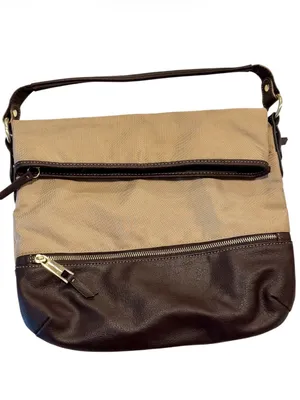 Vintage Franco Sarto Canvas Leather Fold Over Shoulder Bag in Beige/Dark Brown thumbnail 2