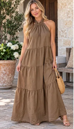 Women's Theory Petite Maxi Dress Brown Tiered Halter Neck thumbnail 1