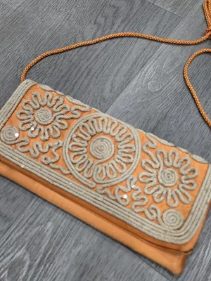 Vintage Kate Landry Orange Embroidered Clutch With Braided Strap & Floral Design thumbnail 5