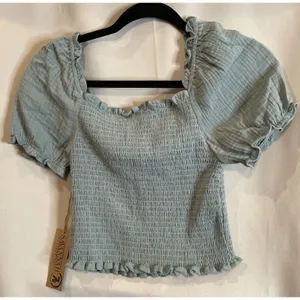 Hem Thread Womens S Sage Green Smocked Puff Sleeve Top Ruffle Gauze‎ NEW Boho thumbnail 2