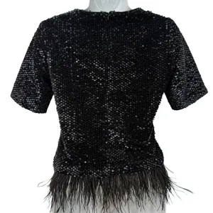 Ann Taylor Black Sequin Short Sleeve Feather Trim Round Neck Shirt Top Size XS thumbnail 8