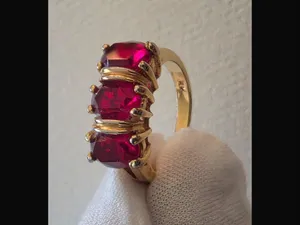 Vintage 3 Ruby tone Stone 18k Overlay HK stamped Ring | 7.5 17.7mm Gold thumbnail 3