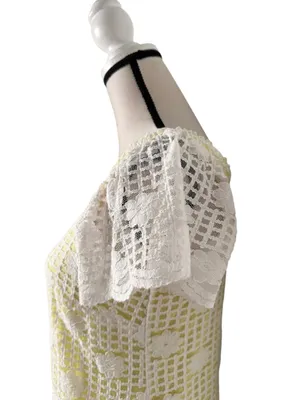 Emma & Michele White Crochet Yellow Underlay Flutter Sleeve Dress Size M thumbnail 4