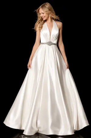 Sherri Hill‎ 51588 Ivory Halter Ball Gown Beaded Belt Open Back Size 2 NWT thumbnail 1