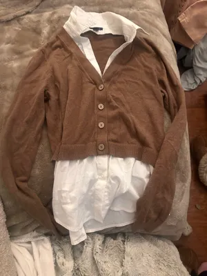 Brown collared cardigan white button up layered top thumbnail 1