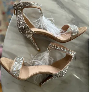 Nude & Crystal White Feather Tassel Ankle Strap Stiletto Sandal Heel Bridal thumbnail 5