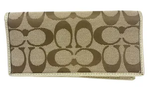 Coach Khaki Brown Gold Signature Cavas Logo Designer Wallet Checkbook Holder‎ thumbnail 1