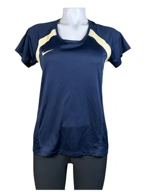 NIKE Shirt Womens XS Navy Blue Gold Dri Fit Round Neck Performance Short Sleeve thumbnail 1
