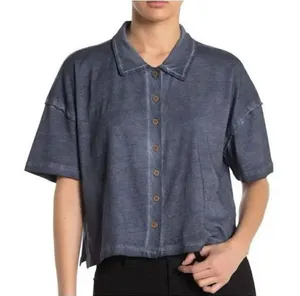 NWT Womens Free People Weekend Rush Button Down Soft Knit Cropped Top Shirt Sz M thumbnail 1