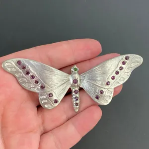 Vintage Silver Tone Rhinestone Butterfly Moth Brooch Pin Purple & Green Stones thumbnail 5