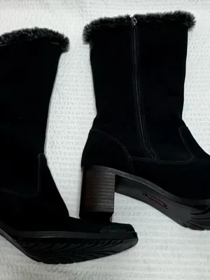 Sporto waterproof Women's Black Faux-Fur Trim Mid-Calf Heeled Boots Swede 8 thumbnail 2