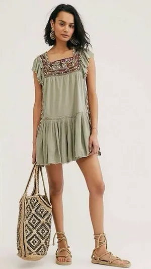 Free People Day Glow Boho Embroidered Mini Dress Women’s Medium Spanish Moss thumbnail 1