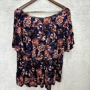 Free People Blouse Womens Small Purple Floral Tassel Peplum Boho Knit‎ Top thumbnail 6