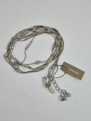 ​Chico's Silver Tone Layered Snake Chain Rhinestone Rondelle Station Necklace thumbnail 3