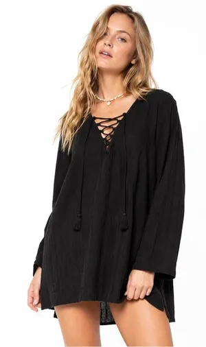 SALE Billabong Black Lace-Up Beach Cover-Up Dress Long Sleeve Boho Small thumbnail 1
