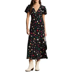 Polo Ralph Lauren Nime Floral Mulberry Silk Crepe Midi Dress Flutter Sleeve Sz 6 thumbnail 2