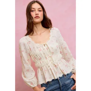 SO ME Floral Clip Dot Lace Trim Ruched Bodice Blouse - White - Medium thumbnail 16